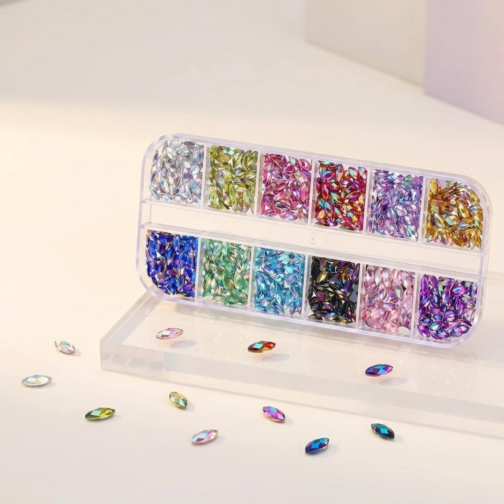 Nail Rhinestones 1200 Pieces 12 Colors Flat Back Gems with Box