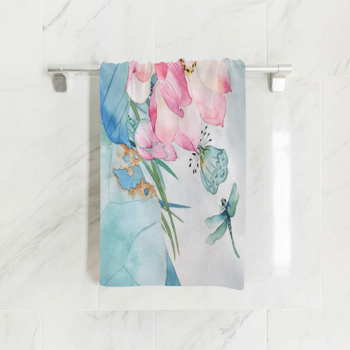 Vikko Pink Lotus and Dragonfly Towels Hand Washcloths Polyester Fingertip Towel with Single-Sided Printing for Home Hotel Bathroom Decoration - 30x15 Inch
