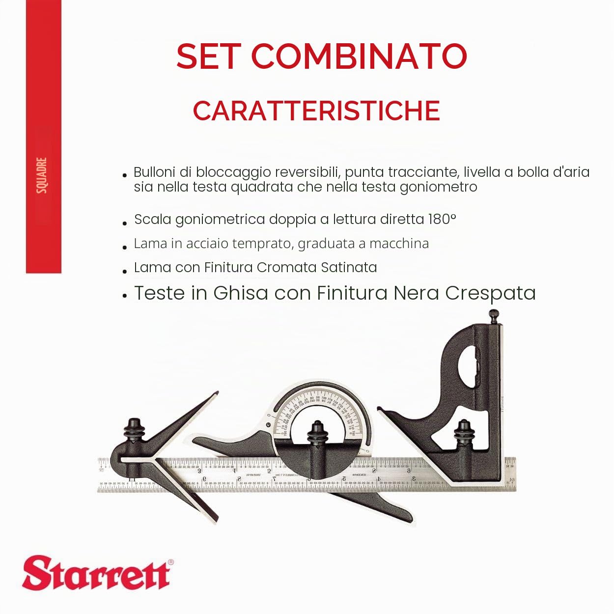 Starrett, Squadra combinata 300 mm, con livella, goniometro, centratore scorrevole e punta da traccio - 435M-300