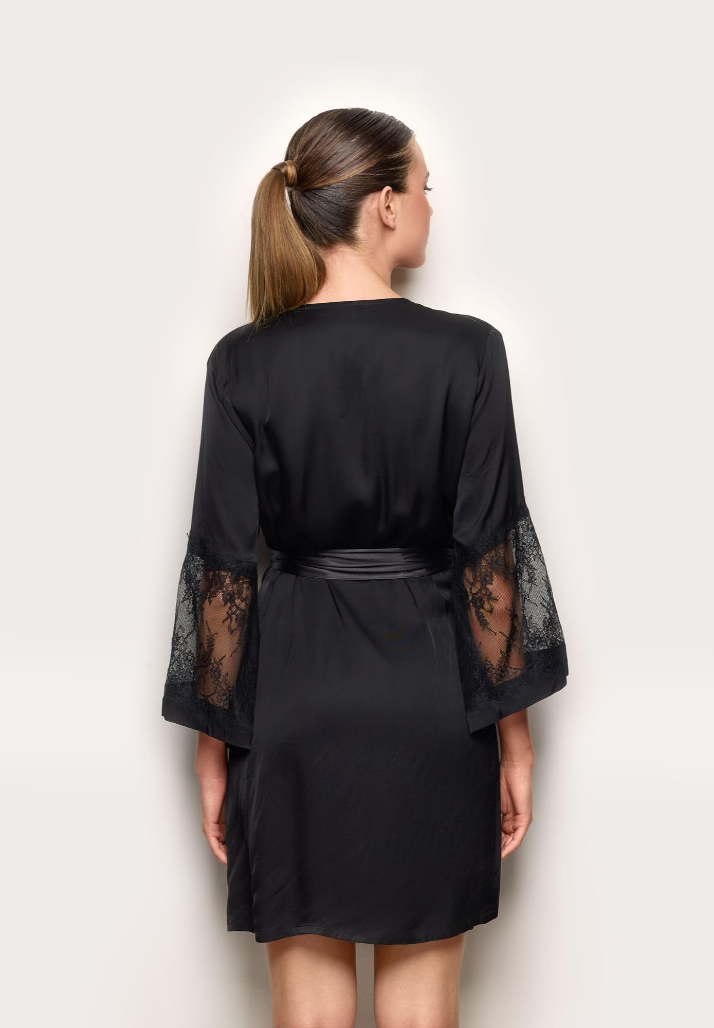 YAMAMAY, Kimono in Raso e Pizzo, Desire, Nero, Donna