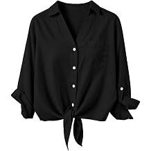 Omoone Tie Front Shirts for Women Button Down V Neck 3/4 Sleeve Loose Summer Casual Cotton Linen Office Shirt Blouse Tops