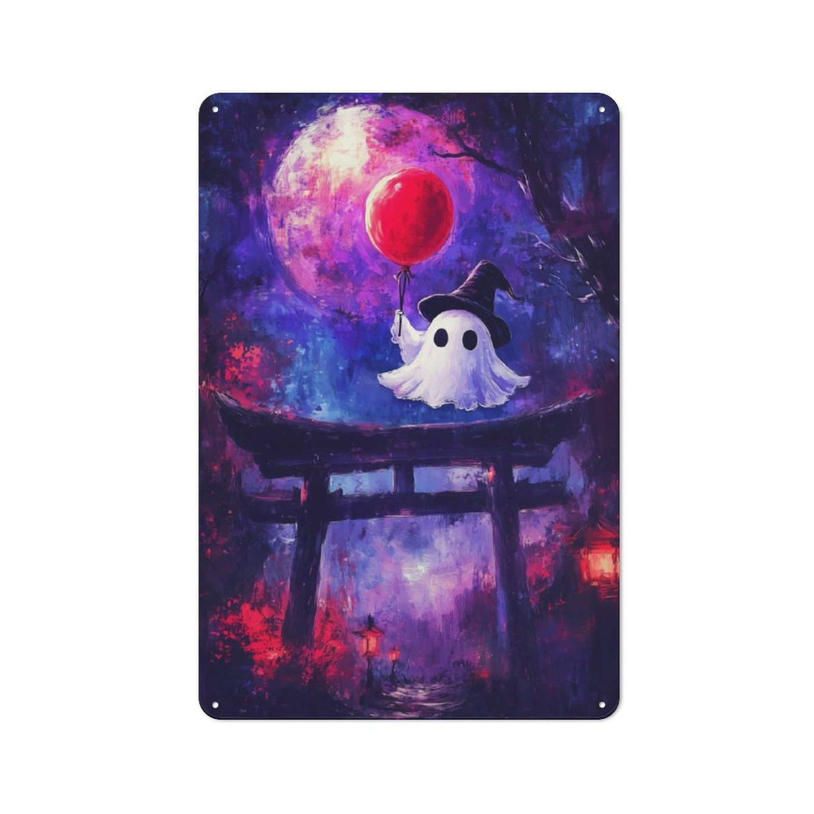 Junmoney Ghost With Balloon At Torii Gate Retro Metal Wall Sign 30X20cm With For Garage Wall, A Decorative Metal Sign For Garages And Workshops