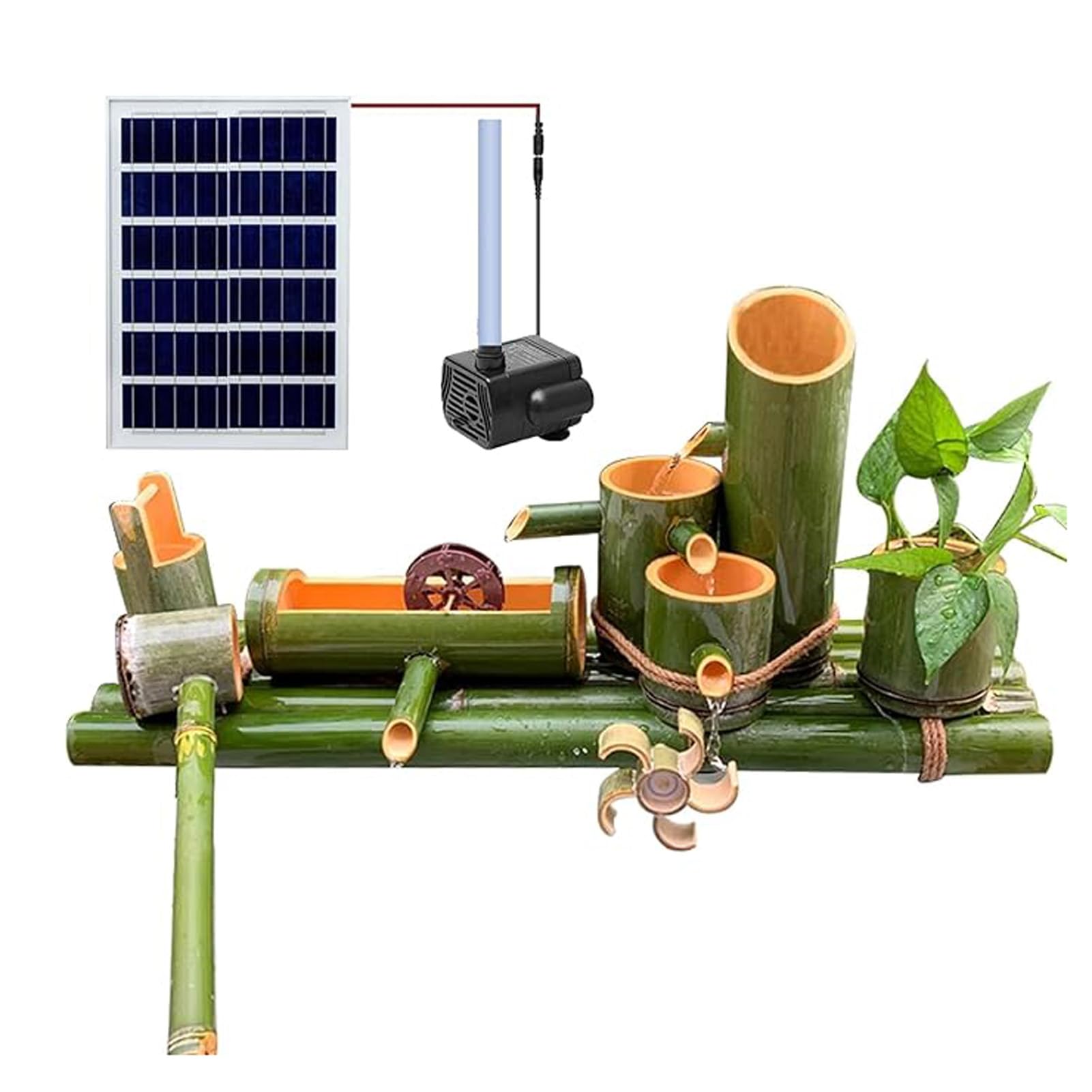 asdchZen Solar Bamboo Water Fountain Kit, Zen Feng Shui Garden Fountain, Outdoor Pond Water Feature, Bamboo Fountain Ornament, For Bird Bath, Garden, Pond, Balcony, 24In,20in(50cm)