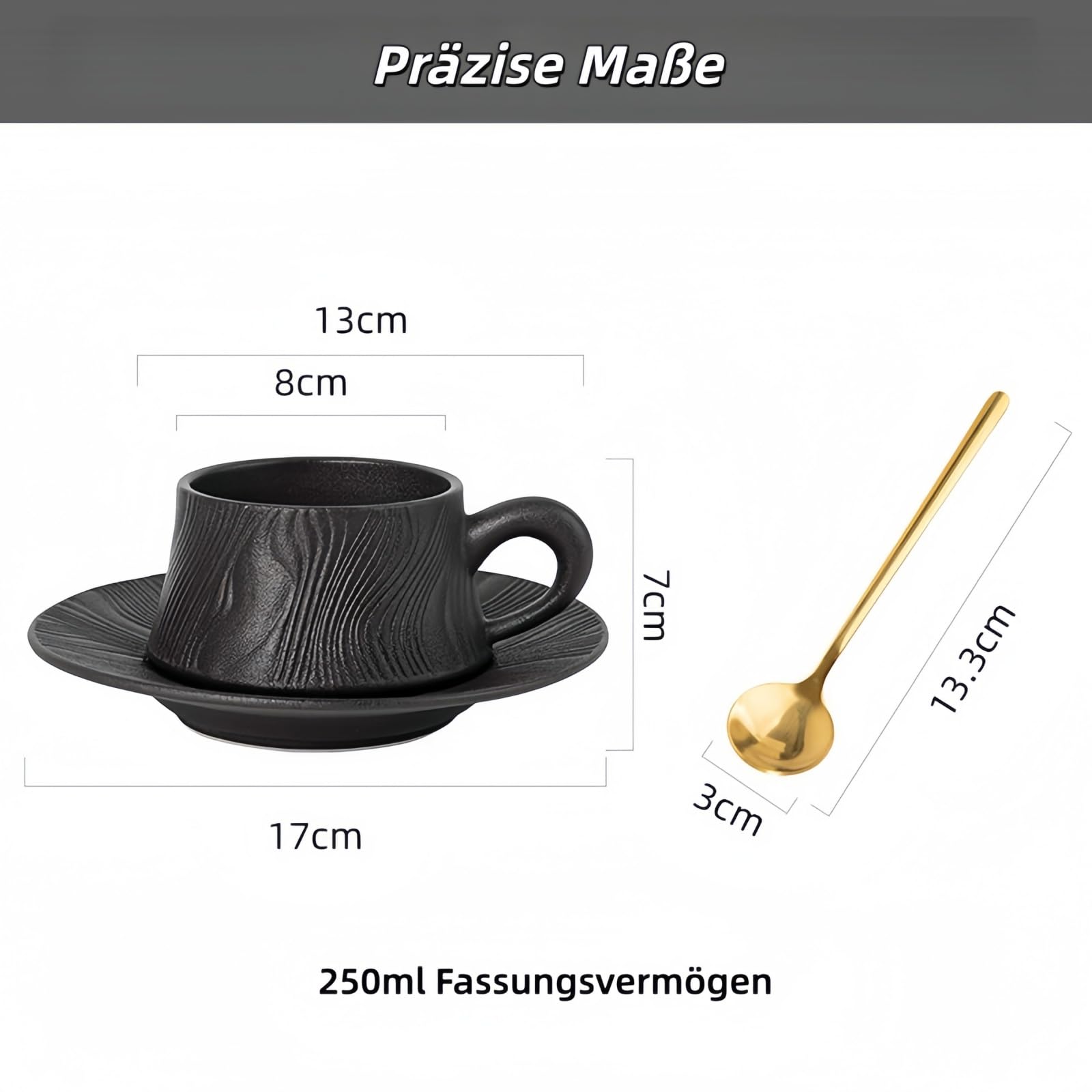 Edles Kaffeeset aus Keramik, matt mit Wasserwellen-Muster, inkl. goldfarbenem Löffel – 250ml Tasse mit Unterteller, für Kaffee & Tee, 2 Farben (Matt Schwarz - 4er Set)