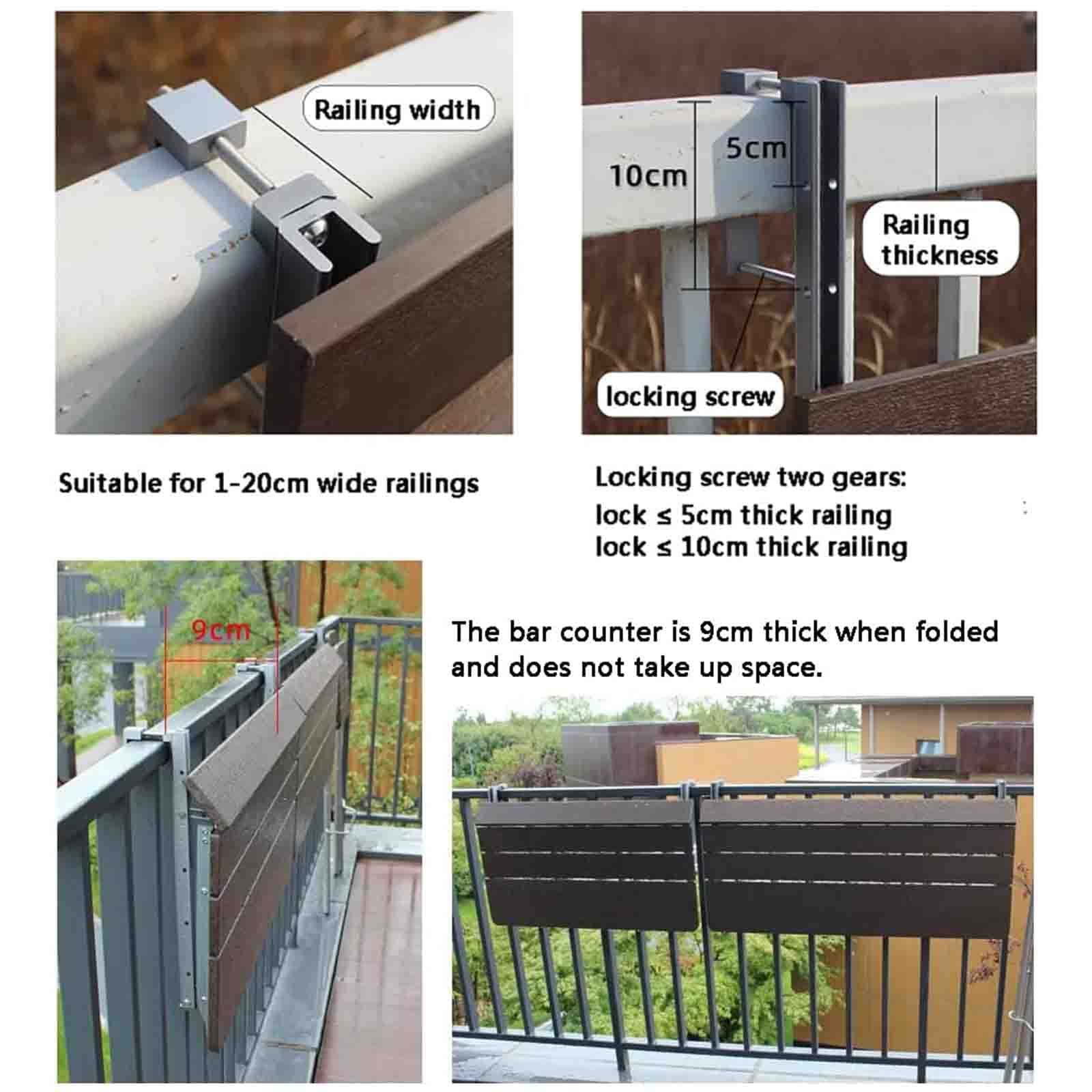 Table de balcon réglable et pliable – Table de bar d'extérieur légère de 60 à 120 cm pour balustrades – Table d'appoint murale à suspendre – Extension de comptoir de terrasse compacte Marron – 80 x 27