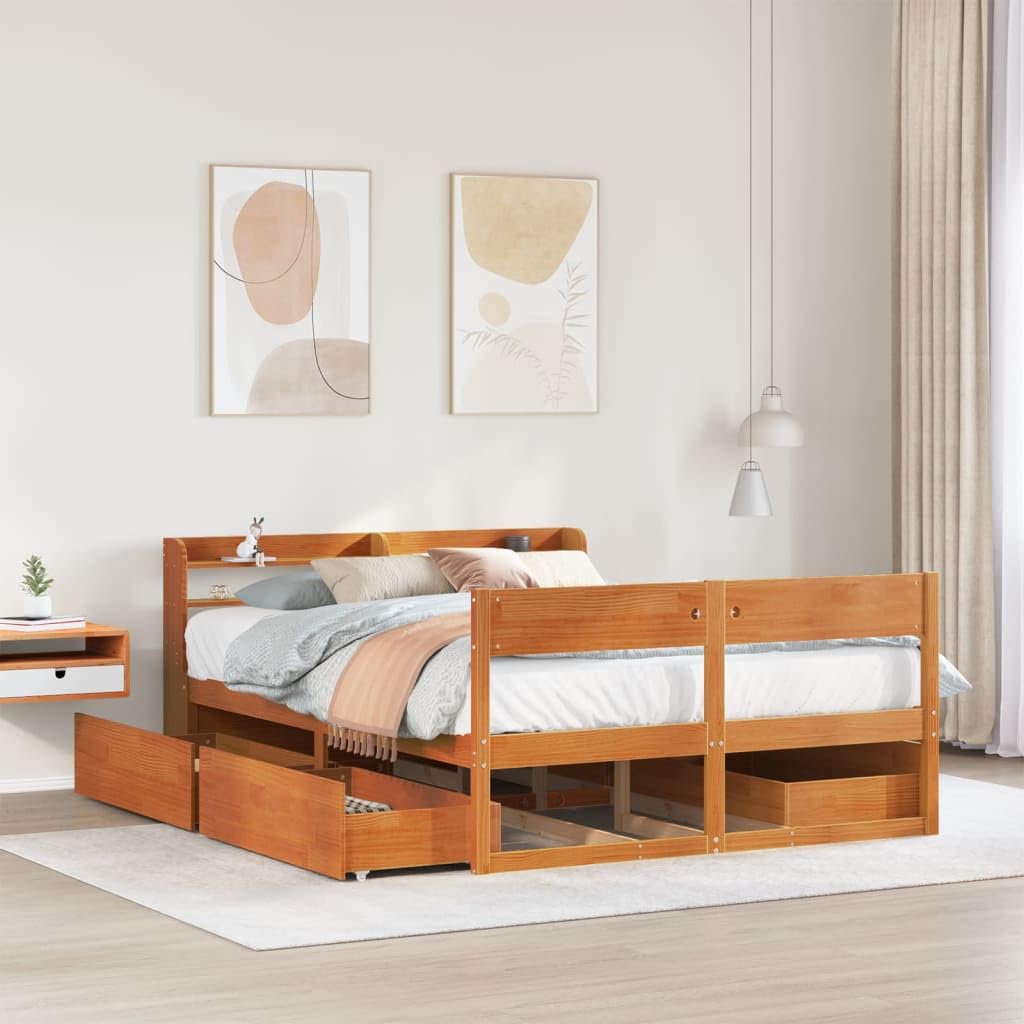 Cama de madera maciza sin colchón, marco de cama, marco de cama, cama de madera, marco de cama de madera, color marrón cera, 135 x 190 cm, madera de pino