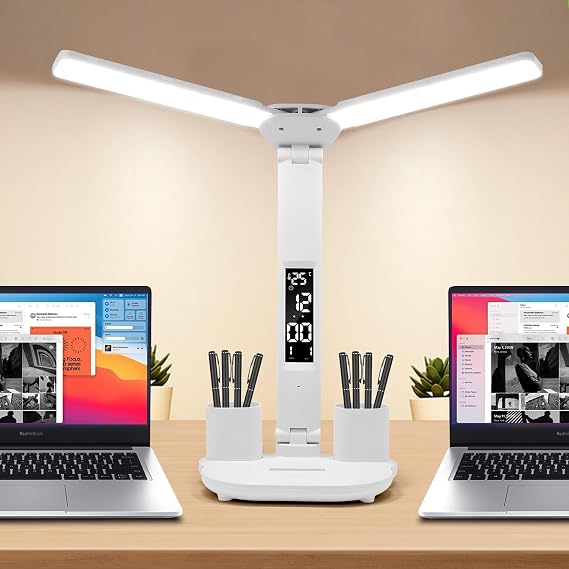 LED Desk Lamp Light with 2 Pen Holders, Time, Date, Temperature Display ...