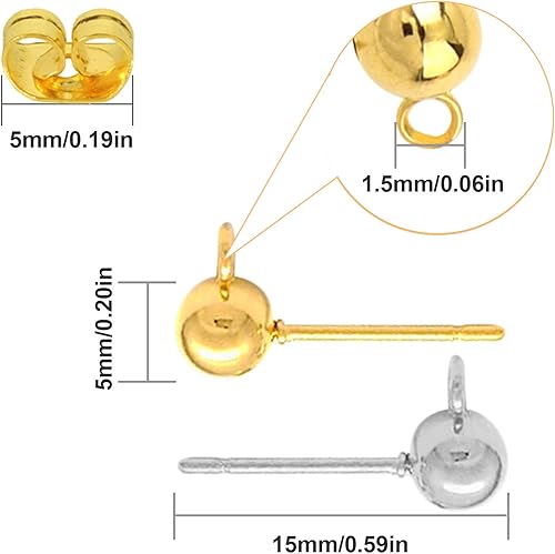 Miniatura 5 de Juego de 700 aretes de bola para hacer joyas, 300 aretes de bola, aretes de bola con lazo con 400 aretes de mariposa de repuesto para hacer joyas de