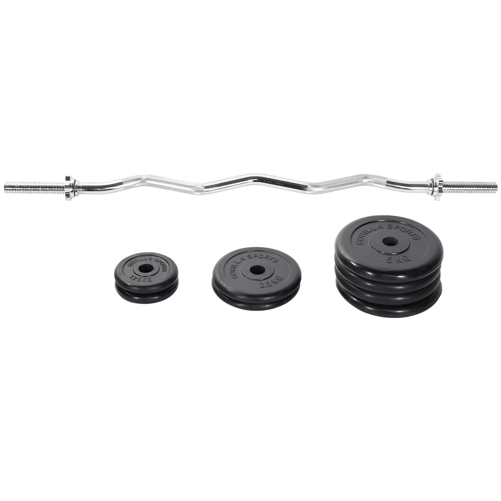 GORILLA SPORTS® Bilanciere Curvo con Pesi - 35kg, Barra Curl EZ 120cm, 8 Dischi in Ghisa Gommato, Chiusura a Vite, Impugnatura Zigrinata, Cromo - Set Bilanciere, Barra Curva, Pesi Palestra