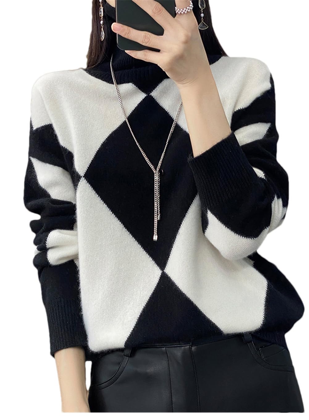 Youllyuu Maglione Dolcevita 100% Lana Maglione Pullover Lavorato a Maglia in Cashmere da Donna Maglione a rombo