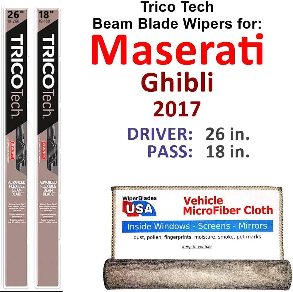 Beam Wiper Blades for 2017 Maserati Ghibli Set Trico Tech Beam Blades Wipers Set Bundled with MicroFiber Interior Car Cloth
