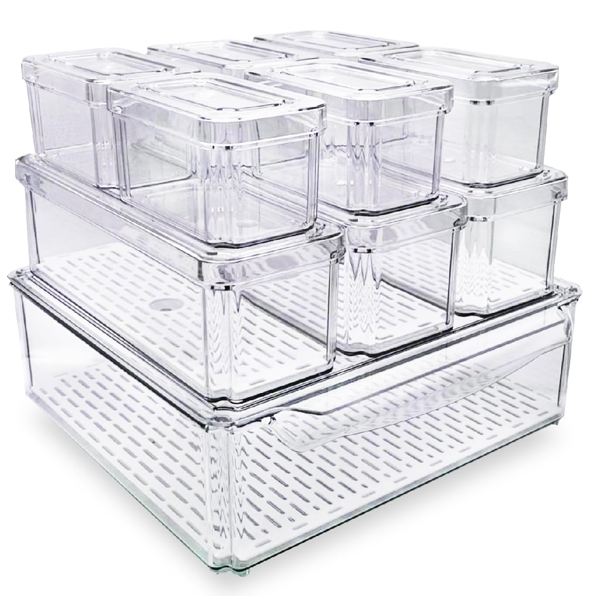 Paquete de 10 contenedores organizadores transparentes para refrigerador con tapas y agujeros de drenaje, juego de recipientes apilables, recipientes de almacenamiento de plástico sin BPA para