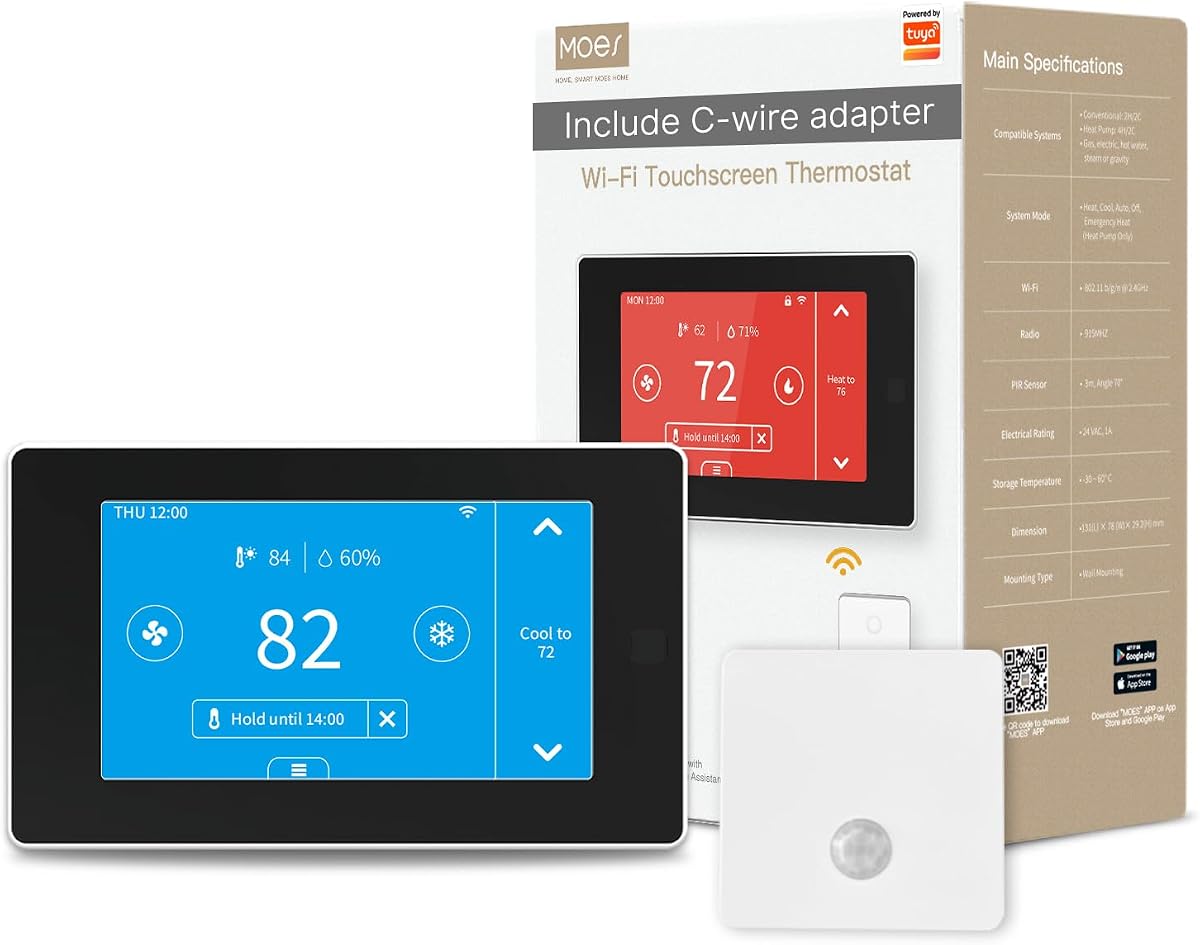 Programmable WiFi Smart Thermostat for Home, No C-Wire Required by C-Wire Adapter, with Zone Remote Sensor, Remote Control Tuya/Smart Life, Compatible with Alexa and Google Assistant, 24VAC | For conventional 2H 2C and heat pump 4H 2C systems, C-wire adapter included, Smart Life Tuya app, Alexa and Google Assistant