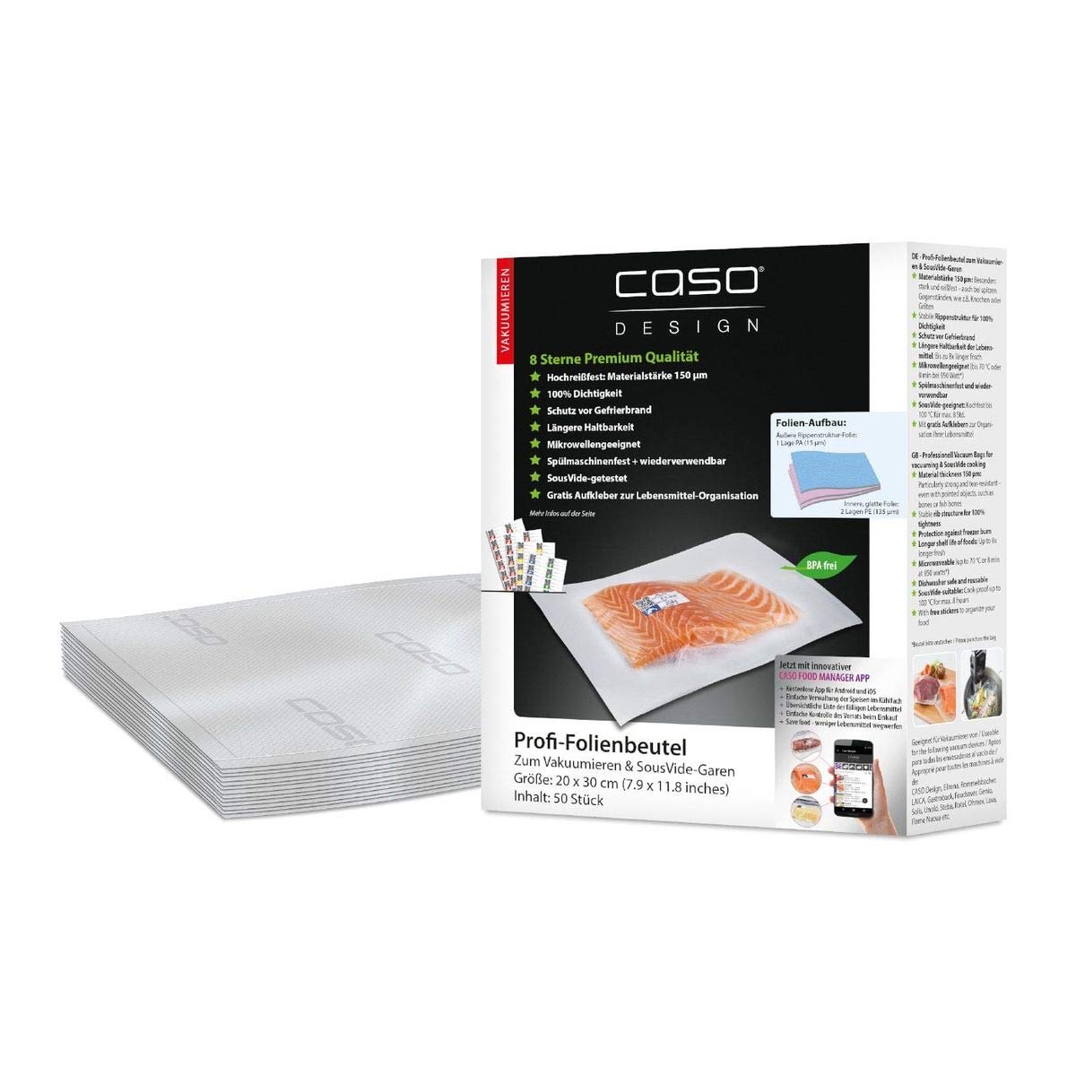 CASO professional foil bag 20x30 cm / 50 bags, for all beams vacuumer, BPA-free, very strong & tearproof approx. 150µm, boil-proof, Sous Vide suitable, reusable, suitable for foil welding machines