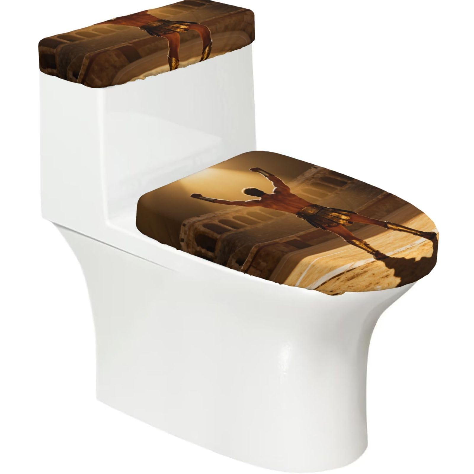 Cntdbu Black Gladiator Victory Pose Stretchy Toilet Lid And Tank Cover Set-Soft Elastic Bathroom Decor For U Shape Oval