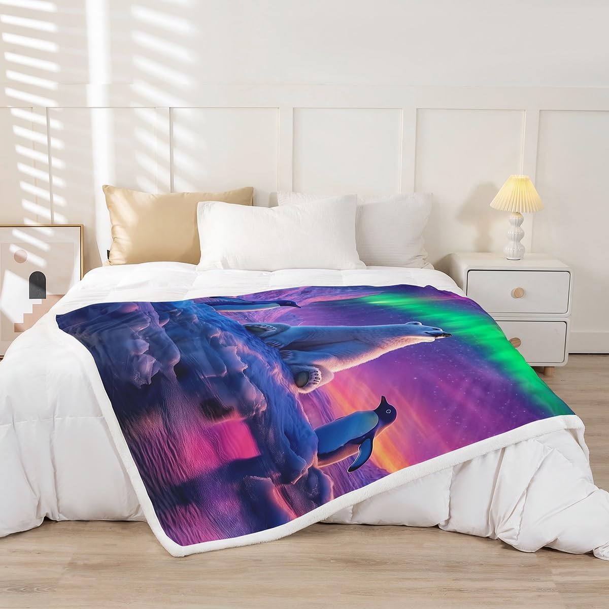 Erosebridal Aurora Blanket Throw 60"x80",Polar Bear Penguin Blankets and Throws for Kids Teens,Northern Lights Fleece Blanket Starry Night Nature Themed Sherpa Blanket for Bedroom Decor