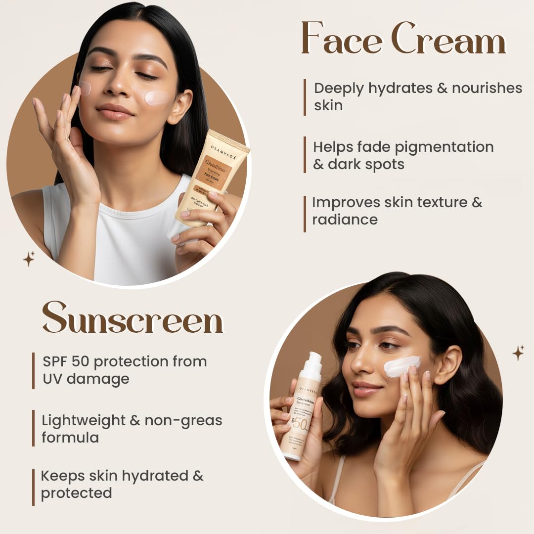 Glamveda Glutathione 4-Step Skincare Routine For Healthy & Radiant Skin | Skin Brightening and Lightening Combo (Facewash + Facecream + Faceserum + Sunscreen) 1