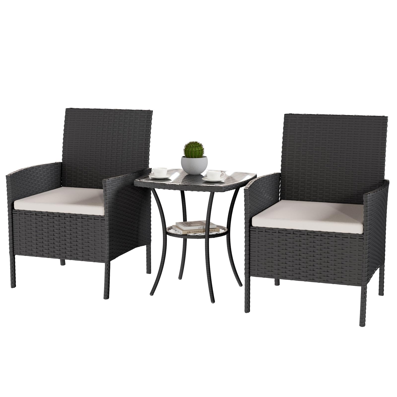 UDPATIO Salotto da Giardino in Rattan, Set Mobili da Giardino 3 Poltrone e Tavolino, Struttura Metallica, Vetro Temperato, Nero