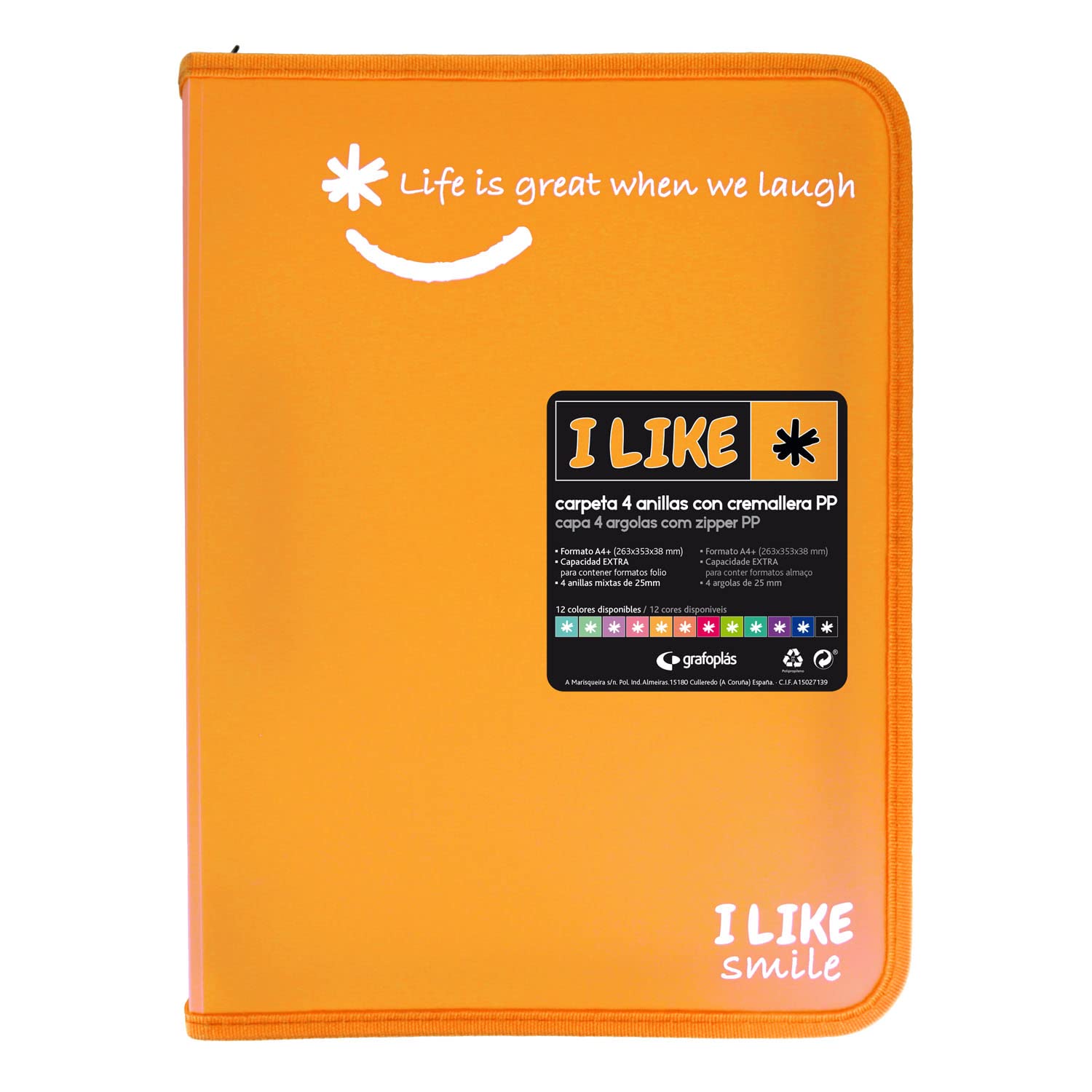 Grafoplás 4800955. Ring Binder with Zip, A4+, Tangerine, 4 Rings 25 mm, Like, Polypropylene