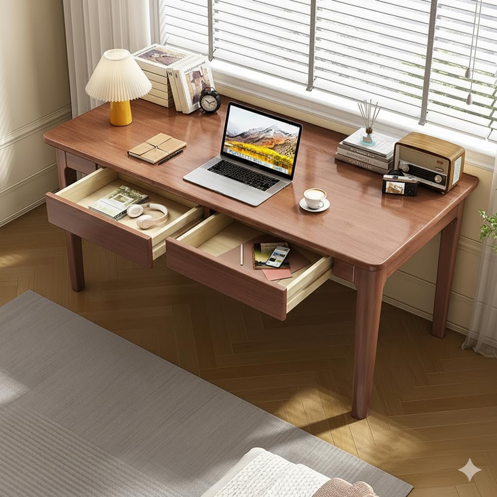 Solid Wood Desk with Drawer, Gaming Study Home Office Desks for Work, Vintage Computer Table for Small Spaces, Living Room, Bedroom, Easy to Assemble (Walnut, 39.4inch)