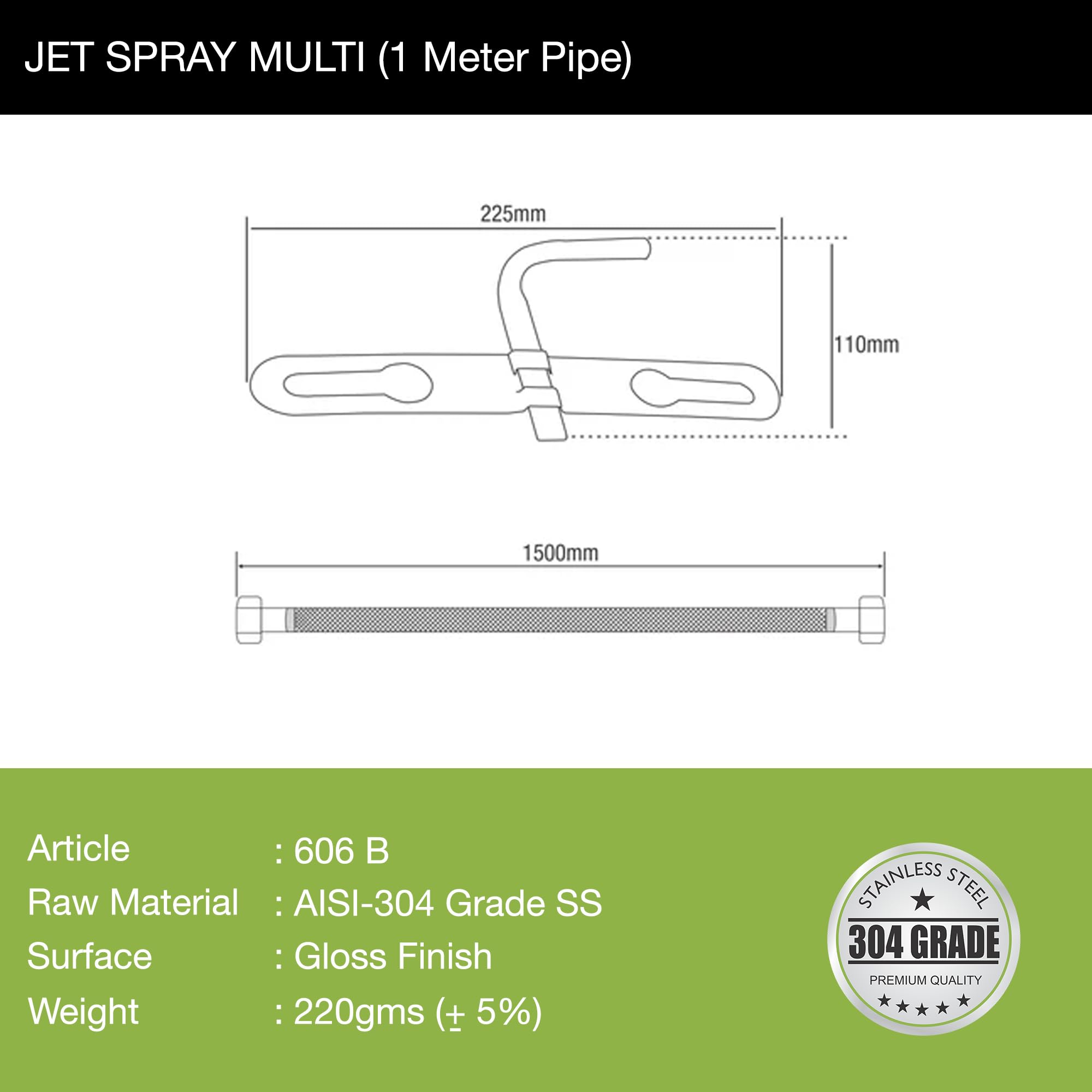 Lipka Stainless Steel Grade 304 Multi Jet Spray with Heavy PVC Hose (1 Meter), Built-in Installation Type Toilet Seat/Commode Spray - Rust-Free, Durable 1