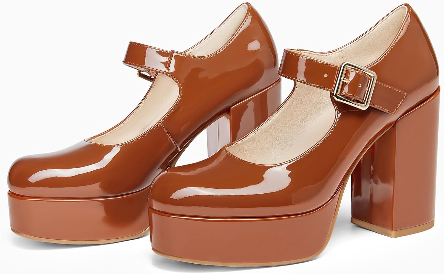 Coutgo Womens' T-Strap Round Toe Chunky Platform Heels Patent Mary Jane Dress Shoes - Image 3