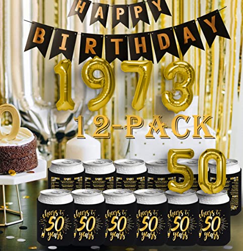Henghere Happy 50Th Birthday Decorations For Men Women, 50Th Birthday Party Supplies, Vintage- Fifty Birthday Party Beverage Can Cooler Sleeves, 12-Pack, Black & Gold #TOP3