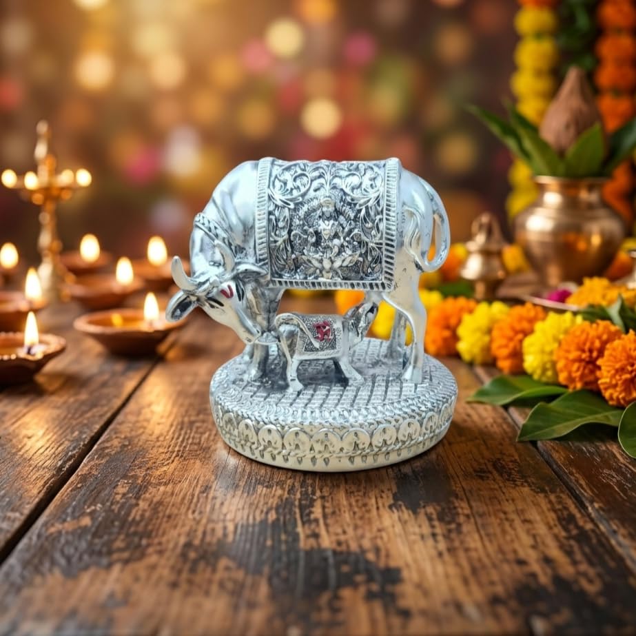 Image of ARNAVIRA 999 Silver Plated Antique Vastu Kamdhenu Cow with Calf Idol with Lakshmi Remedy for Wedding & Housewarming Gift | Pooja Room Height 3.5 Inch (Silver Antique, Medium, Kamdhenu Cow 01)