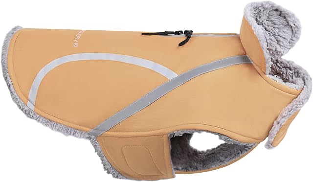 VIVAGLORY Cold Weather Dogs Coat, Reflective Windproof Warm Fleece Lined Winter Puppy Jacket Cloth with Furry Collar, Water Resistant Comfortable Adjustable Pet Apparel for Small Dog Cat, Khaki, XXS