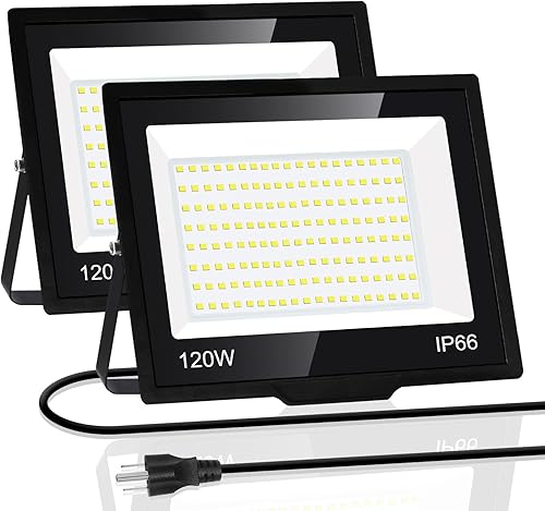 Luz de inundación LED de 120 W para exteriores con enchufe, luces de seguridad superbrillantes de 14400 lm con cable de 5 pies, luz de trabajo LED