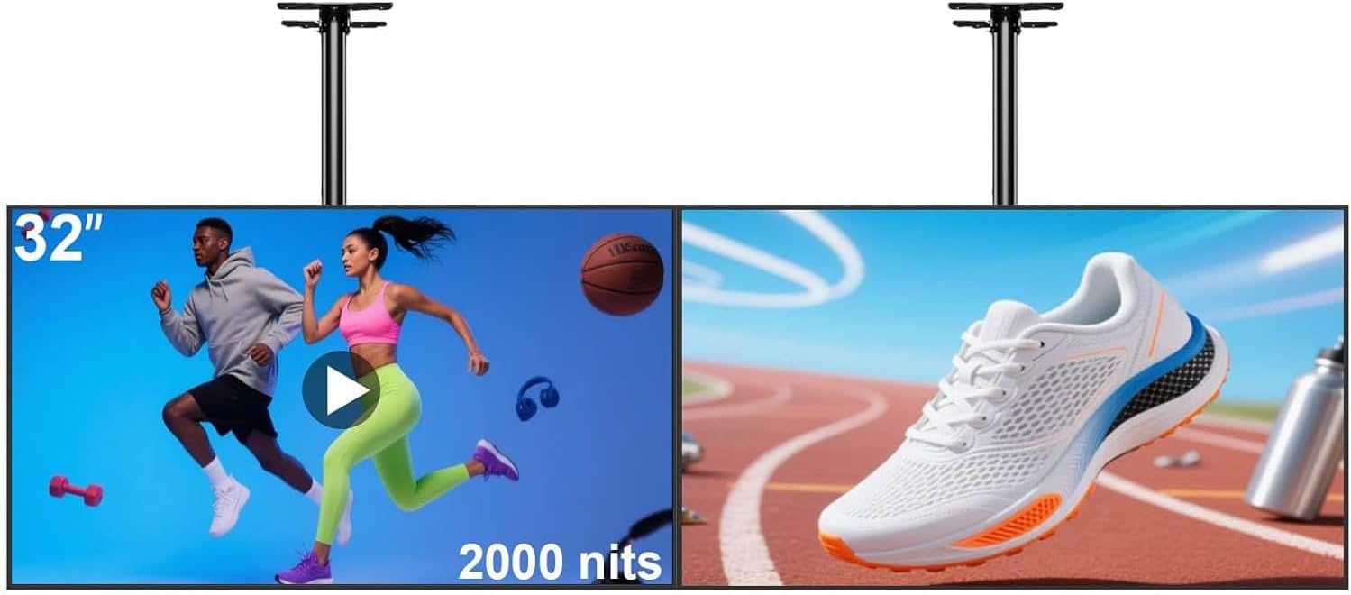 32" Digital Signage Disply, 2000nits High Brightness Advertising Display, Slim Fit Frameless Wall Mount Digital Signage, CMS Remote Publish, 24/7 Working, Smart Split-Screen, HDMI/USB/WiFi/Android OS