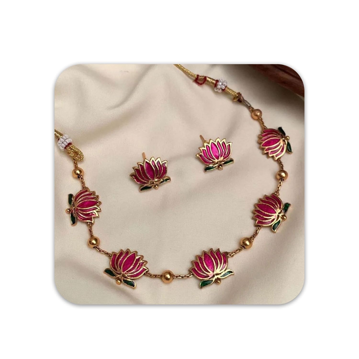 vama FASHIONS 18K Gold Plated Lotus Necklace Set Anti Tarnish Chain Enamel Flower Earrings Adjustable Choker Neckpiece Jewellery For Women & Girls-picture-14