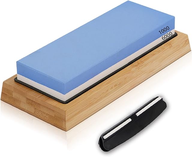 Premium Whetstone, Sharpening Stones Kit Dual Sided 1000/6000 with Angle Guide, Non-Slip Bamboo Base Kitchen Knife Wetstone, Professional Knives Sharpeners