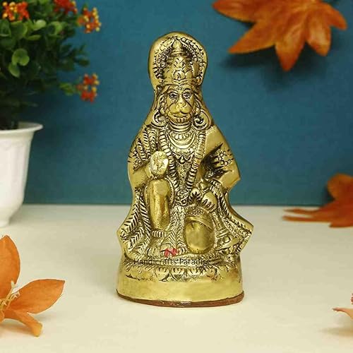 Handicrafts Paradise Hanuman ji sentado en metal chapado en oro antiguo