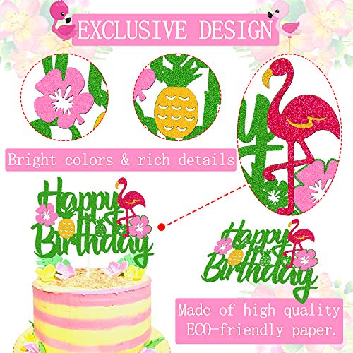 Flamingo Pineapple Cake Topper Hawaiian Luau Tropical Theme Happy Birthday Cake Decorations For Kids Boy Girl Birthday Party Supplies Green Glitter #TOP1