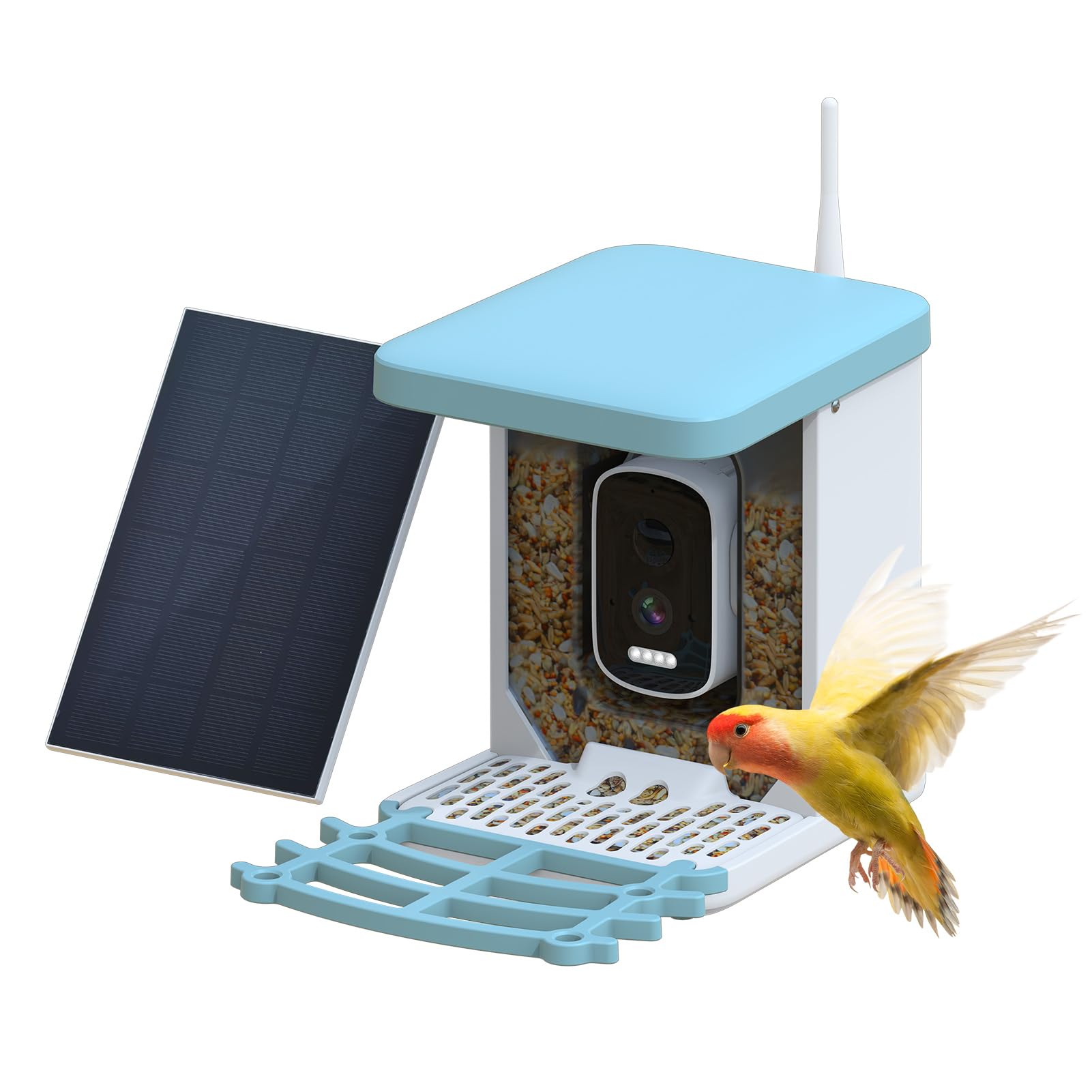Intelligentes Vogelfutterhaus mit Kamera für den Außenbereich, solarbetrieben, 2 l Fassungsvermögen mit KI-Vogelerkennung, Vollfarb-Nachtsicht, IP66-Wasserdichtigkeit für