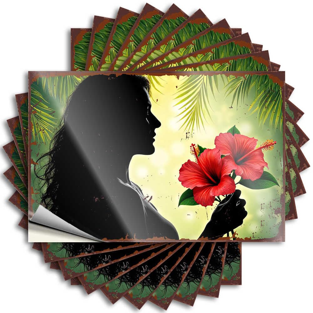 Fzfn Girls Colour Quote Space Tiny Case Silhouette Of Woman Holding Red Hibiscus Flowers Against Tropical - Scratch Resistant Stickers(6X9cm)