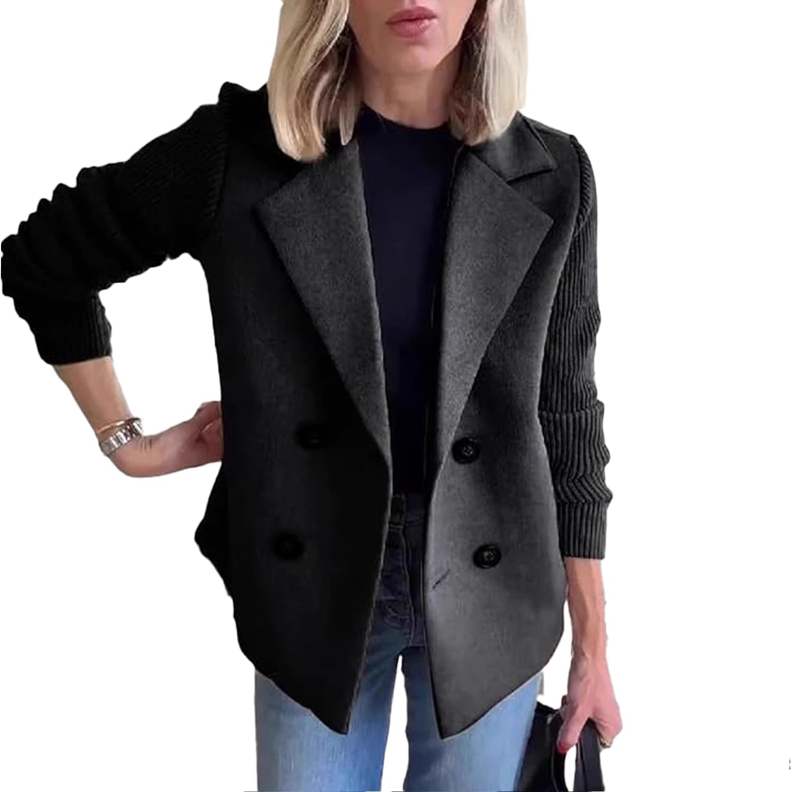 Womens Lapel Button Knitted Patchwork Blazer Women Knit Blazer Patchwork Double Breasted Sweater