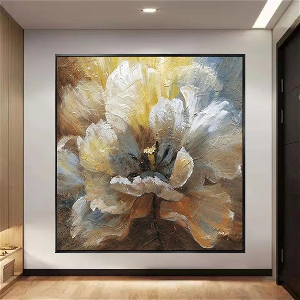 LIUYUYOUGO Floral Canvas Wall Art Hand Painted Peony Flower Artwork Oil Painting In Yellow Gray And Brown Vintage Natural Plant Painting For Living Room Bedroom Farmhouse 60X60Cm(24X24Inch)