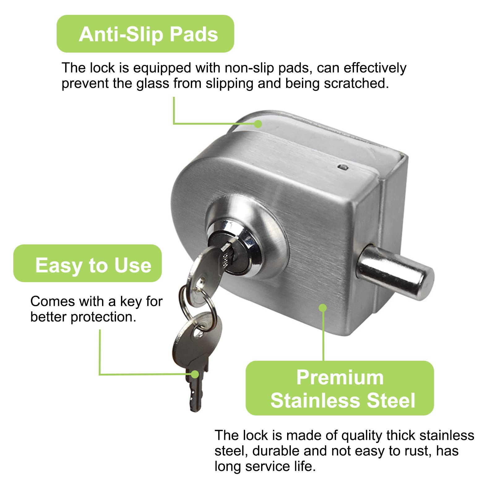 UFURMATE Frameless Silver Glass Door Lock with Keys, No Need to Drill, Suitable for 10-12mm Thick Glass - Image 3