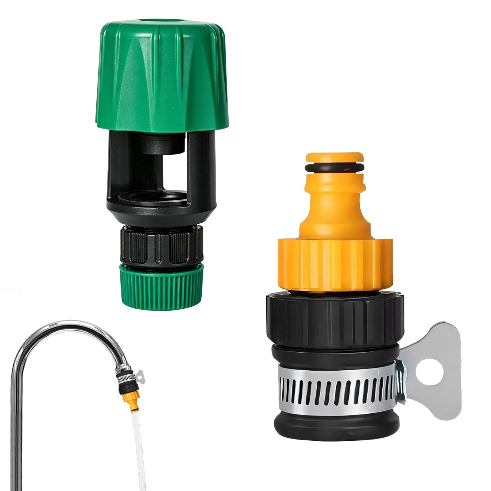 2 Pack Tap to Hose Connector UK, Tap Adapter for Hose, Universal Taps Connector, Removable Taps Fitting Set for Washing Cleaning Indoor Outdoor Kitchen Garden (Green & Yellow)
