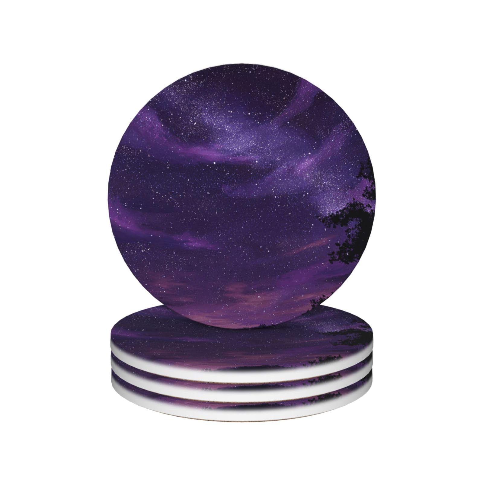 Drink Coasters 4Pcs Round CeramicCoaster with Holder Purple Starry Skys Coasters for Drinks Coffee Cup Mat Heat Resistant Coaster for Tabletop Protection Desk Accessories Office Home Decor