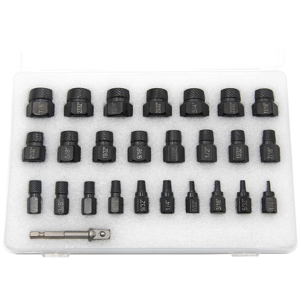 Juego de 26 extractores de Tornillos, 3/8 de accionamiento Izquierdo, Flautas en Espiral para Pernos Rotos, extracción de Pernos en reparación de automóviles, Mantenimiento de talleres