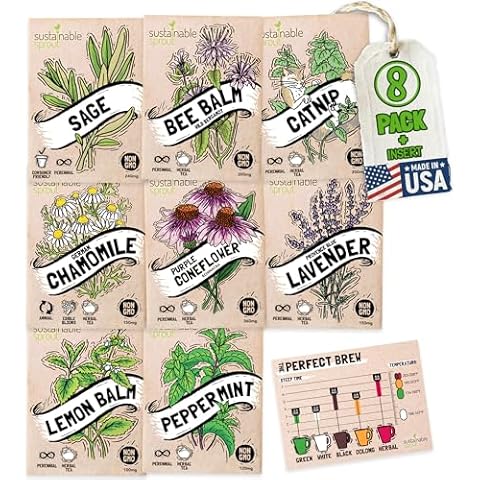 Medicinal Herb Tea Seeds Variety Pack, 8 Herbal Tea Seeds Catnip, Lavender, Peppermint, Lemon Balm, Bee Balm, Echinacea, Sage & Chamomile Seeds, Garden Seeds Kit for Planting by Sustainable Sprout Cover
