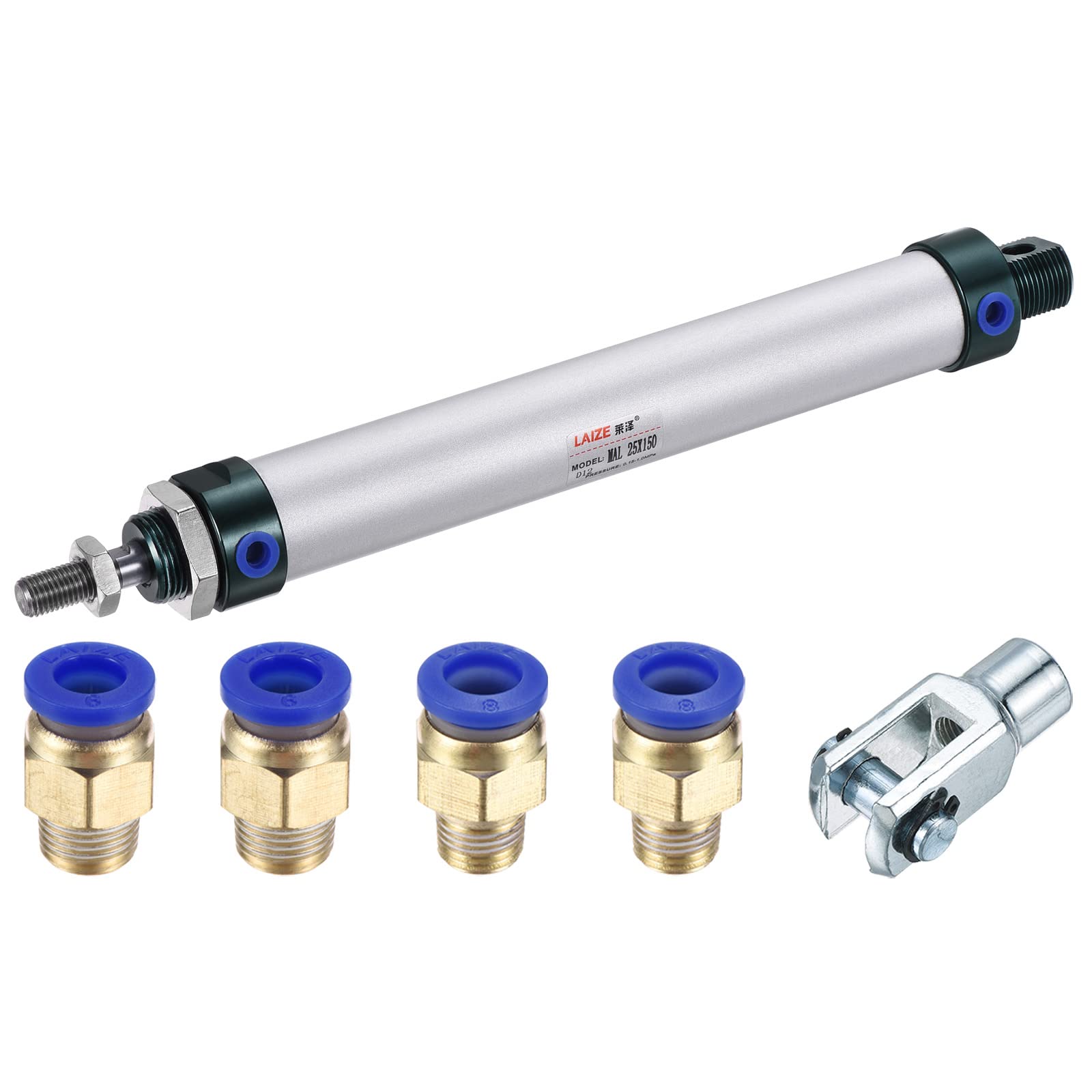 MECCANIXITY Cilindro neumático de aire doble acción MAL25X150 25mm agujero 150mm carrera con conector Y y 4pcs conjunto de montaje rápido