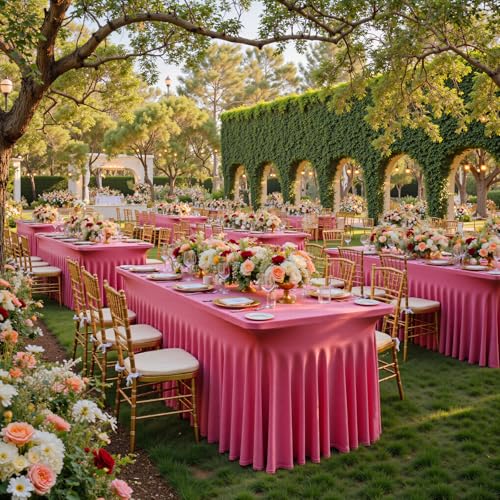 Image of NSSONBEN 2 pk Hot Pink Spandex Tablecloth for 6 Foot Rectangle Tables, Wrinkle Free Fitted Spandex Table Covers 6ft Stretch Table Cloths with Ruffle Skirt for Parties Weddings Banquet Baby Shower