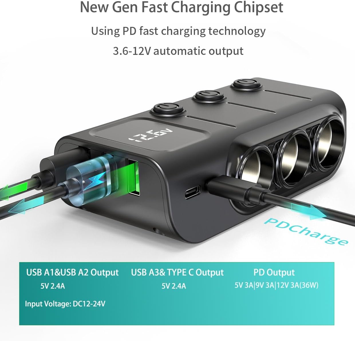 8 in 1 Cigarette Lighter Splitter, 120W 3 Socket Car Charger Adapter image 4
