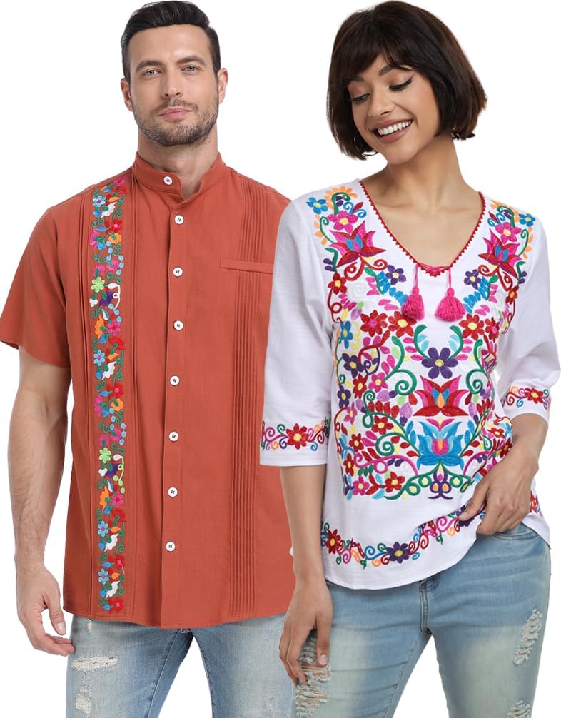 YZXDORWJ Men's Mexican Cuban Shirt Embroidered Traditional Button Down Shirt Summer Band Collar Short Sleeve Tops - Image 5