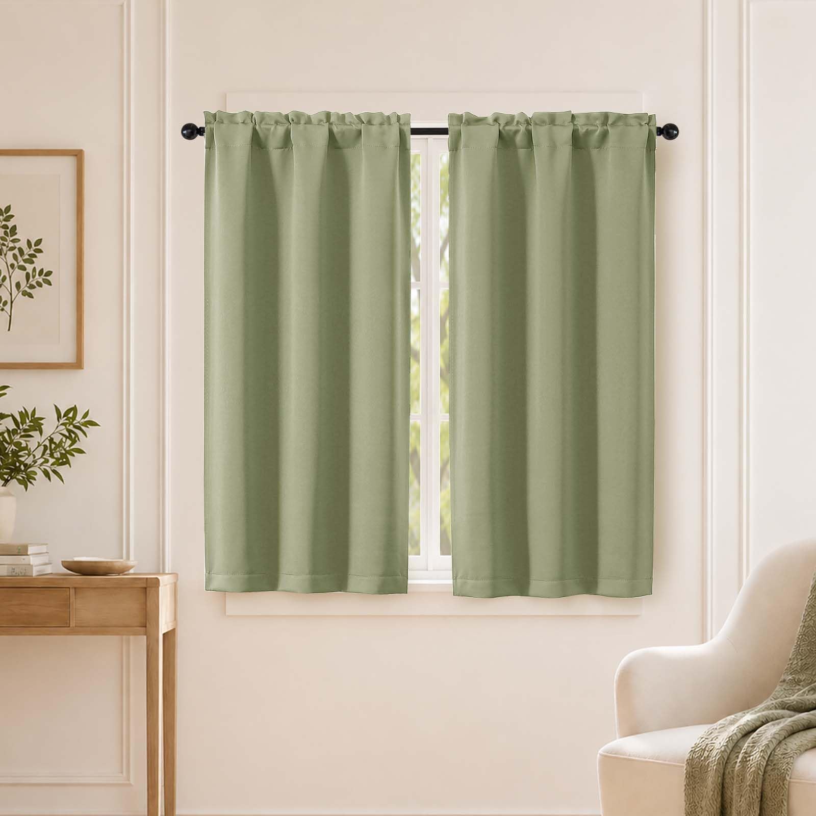 OVZME Sage Green Short Blackout Curtains for Bedroom 45 Inches Long 2 Panels Set, Solid Thermal Insulated Blackout Curtains, Energy Saving Soft Fabric Window Drapes, Dual Rod Pocket, 2x40Wx45L Inches