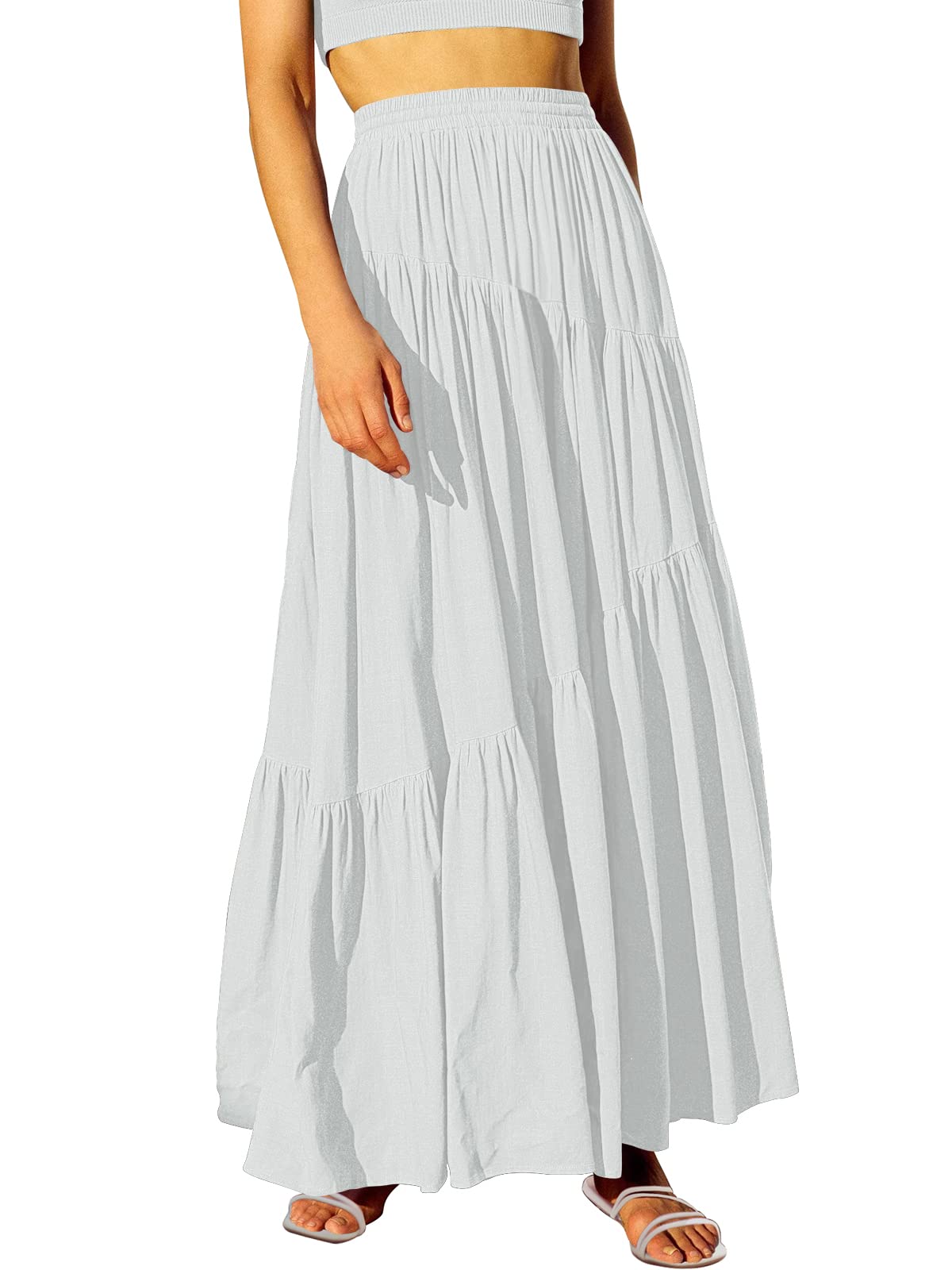 ANRABESS Women’s Boho Elastic High Waist Pleated A-Line Flowy Swing Asymmetric Tiered Maxi Long Skirt Dress with Pockets